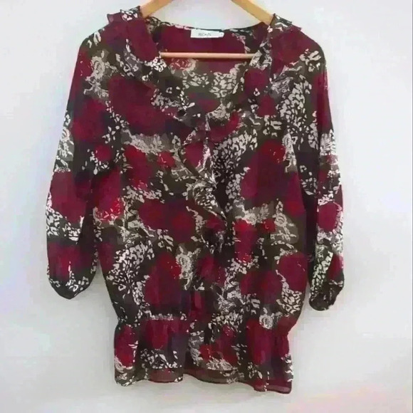 🌴2/$25🌴RICKI'S | Women's Black/White/Red Floral Sheer Ruffled Blouse - Picture 1 of 5